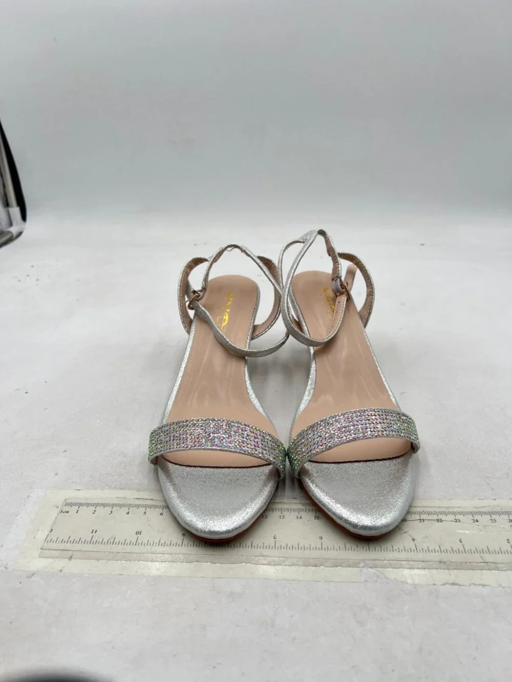 XYD Silver Open Toe Ankle Strap Sandals Wedding Kitten Heels Rhinestones Shoes